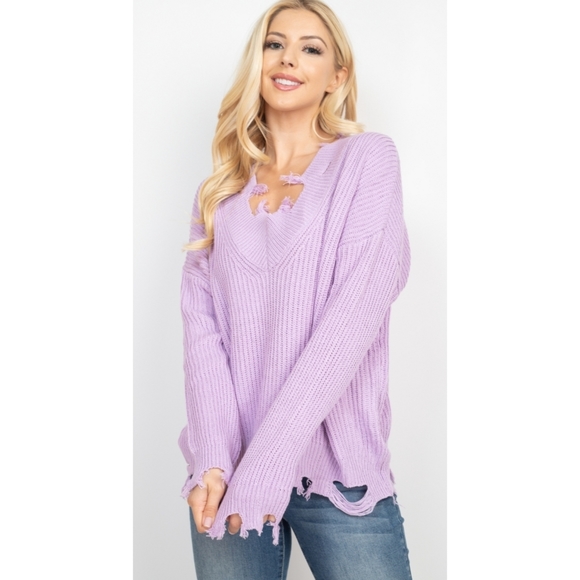 5⭐ Lavender v-neck raw distressed hem thick ribbed knit pullover sweater - Picture 4 of 9